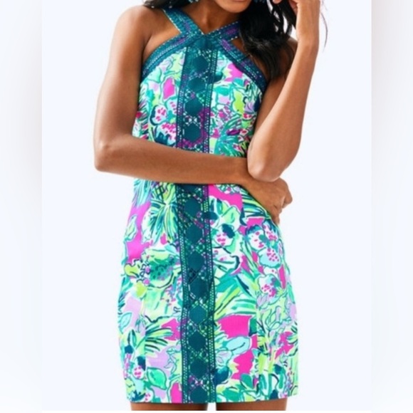 Lilly Pulitzer Vena Early Bloomer Print Lace Detail Stretch Shift Dress - Picture 1 of 7
